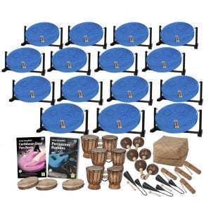 This is a product image of the Caribbean Steel Pan - 30 Player Jumbie Desktop Class Pack - Buddies. The products are laid out and include the following; Back Four Rows - fifteen Jumbie Jam Steel Pan - Desktop (Blue). Fifth Row - Andy Gleadhill's Caribbean Steel Pan Book, Andy Gleadhill's Percussion Buddies Book, three Bongos (African Bongos), three Maraca - Coconut, pair, Storage Basket. Bottom Row - Three Tambourine, three Agogo Bells - Medium, four Guiro - Small - bamboo. The Steel Pans each have a pair of beaters resting on them.