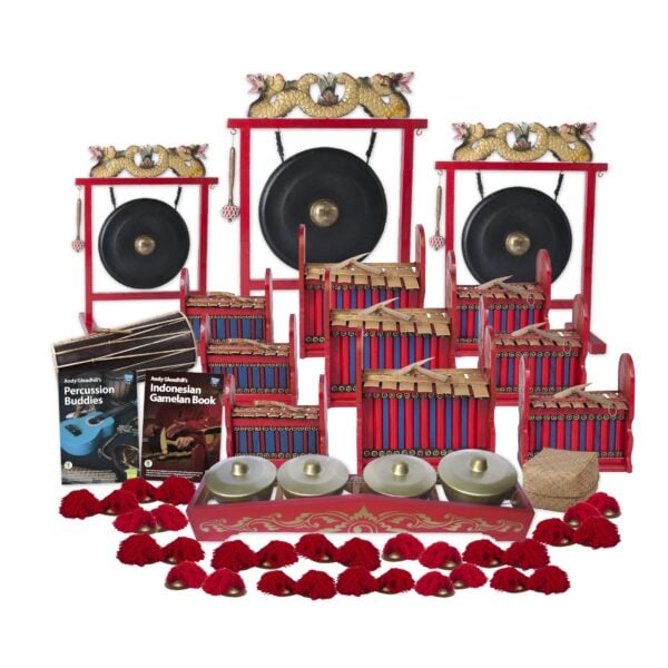 This is a product image of the Indonesian Gamelan - Budget - 30 Player Class Pack - Buddies. The products are laid out and include the following; Back Row - One Gong Set - 12in (30cm) diameter Gong with Stand and Beater, one Gong Set - 20in (50cm) diameter Gong with Stand and Beater, one Gong Set - 16in (40cm) diameter Gong with Stand and Beater. Second, Third and Fourth Row, Left Hand Side - One Balinese Drum - 50cm, Andy Gleadhill's Percussion Buddies Book, Andy Gleadhill's Indonesian Gamelan Book. Second, Third and Fourth Row, Right Hand Side - Three Gamelan - Budget - Small 7 key, three Gamelan - Budget - Large 7 key, three Gamelan - Budget - Medium 7 key. Fifth Row - One Bonang - 4 Pan - Standard - low pitch. Bottom Row - Fifteen Ceng Ceng - 14cm, pair. Each instrument that requires a beater has one resting on top of them.