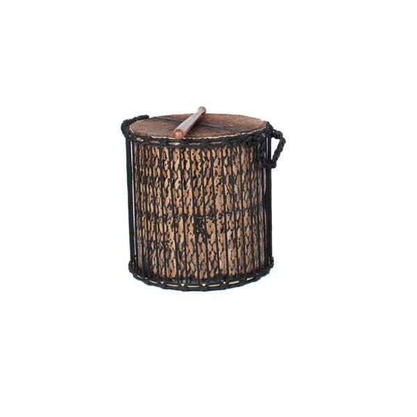 This is a product image of a Kenkeni - 14in diameter, 40cm high, bamboo from the side. It has a beater resting upon it.
