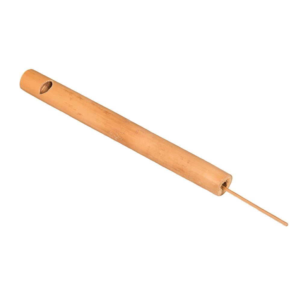 This is a product image of the Swanee Whistle - 20cm, natural, bamboo. It is a bamboo tube that has a mouth piece at one end and a wooden slide inserted into the other. The instrument is lying flat and angled from bottom right to top left.