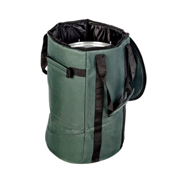 This is product image of Drums for Schools' storage carry bag for 12 inch diameter repinique and caixa, opened.