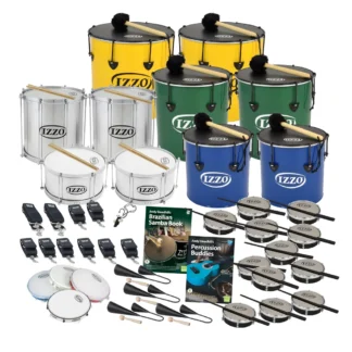 30 Player Class Pack Budget Buddies samba set with Izzo surdos, aluminium drums and hand percussion, plus guides