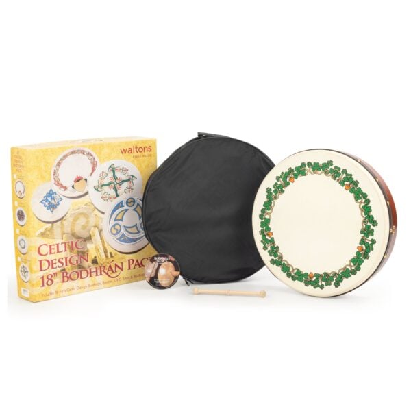 Percussion Plus Handcrafted 18" Bodhran Shamrock design, with bag, tipper & DVD