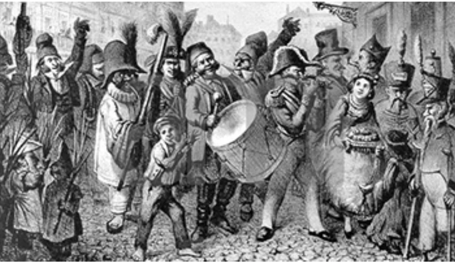 History of Samba Music: engraving-style carnival street parade with drummer and fife, feathered hats on a cobblestone road