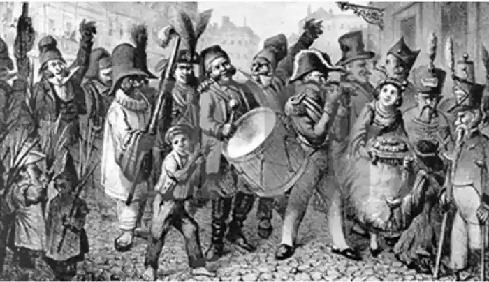 History of Samba Music: engraving-style carnival street parade with drummer and fife, feathered hats on a cobblestone road