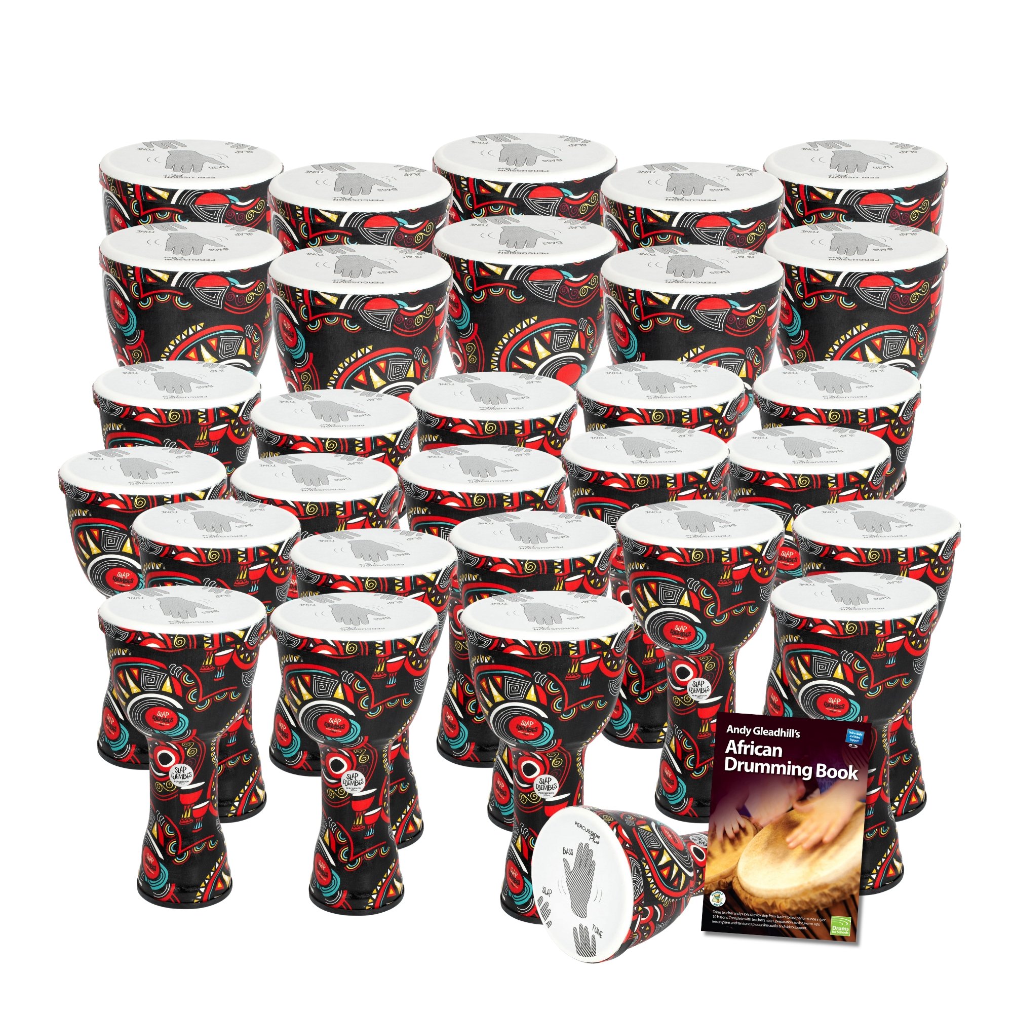 30 Secondary Pre tuned Slap Djembe Drum Pack with printed hand guides and African Drumming Book 1