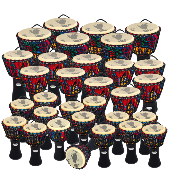 Colorful 30 slap Rope tuned Primary Djembe with labeled playing areas for slap, tone, and bass, ideal for group performances or classroom use.