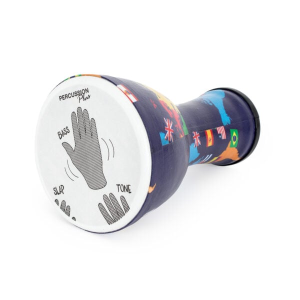 Side view of the Percussion Plus 7-inch Djembe Drum with World Map design, showcasing flags from countries like the UK, Brazil, and Spain. The drum features a pre-tuned synthetic drumhead with hand position diagrams for Bass, Tone, and Slap sounds, designed for beginner percussionists.