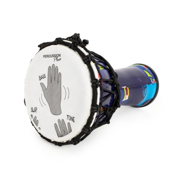Buy Djembe Drum 7" diameter, 32cm high, World Slap synthetic - rope-tuned. Blue and purple pattern, perfect for beginners and experienced players.