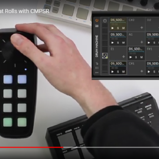 A user playing Trap Hi-Hat Rolls using a Digit Music controller and CMPSR software, showcasing a hands-on interface and digital drum machine display.