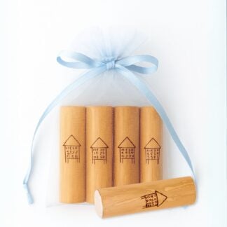 Bamboo Shaker set, pack of 5 in organza bag with blue ribbon; small bamboo cylinders with etched house design