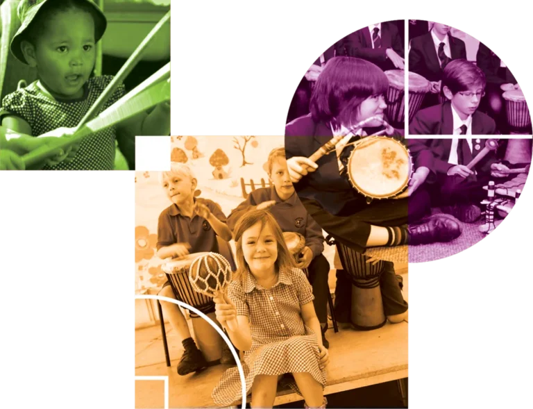 Children of different ages using school music sets with hand drums and shakers in class